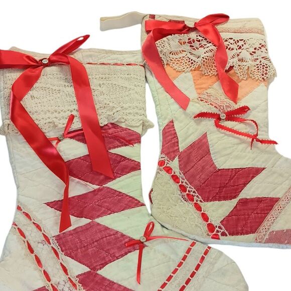 Christmas Stocking Set Vintage Quilt and Lace Two Red Cream Cottage Farmhouse - Picture 3 of 16